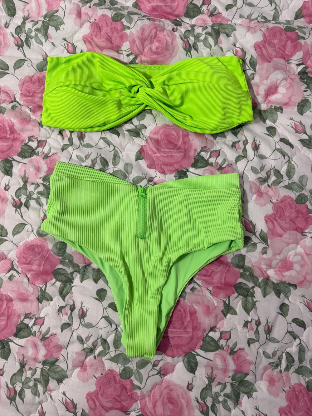 Neon Lime Bandeau Twist High-Waist Bikini Set - Women Swim